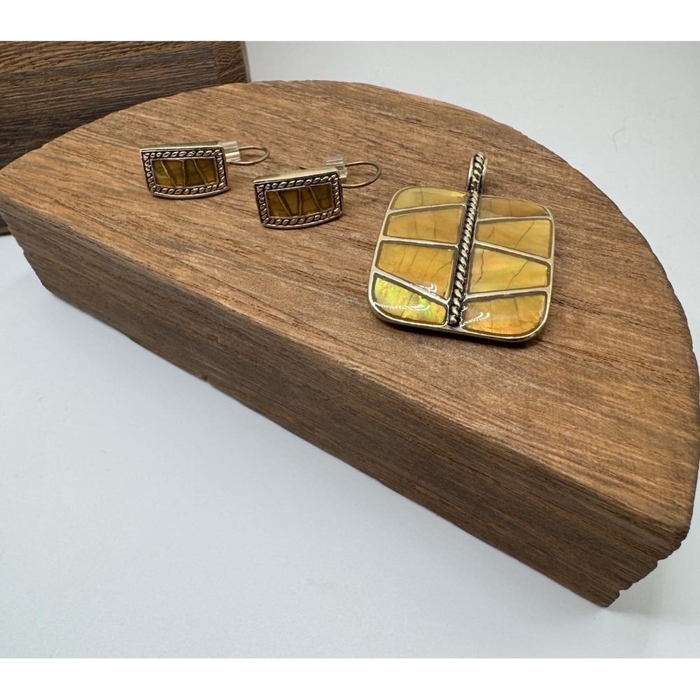 MONET Gold Bronze Enamel Hook Earrings Rectangular Pendant Necklace Set Vintage